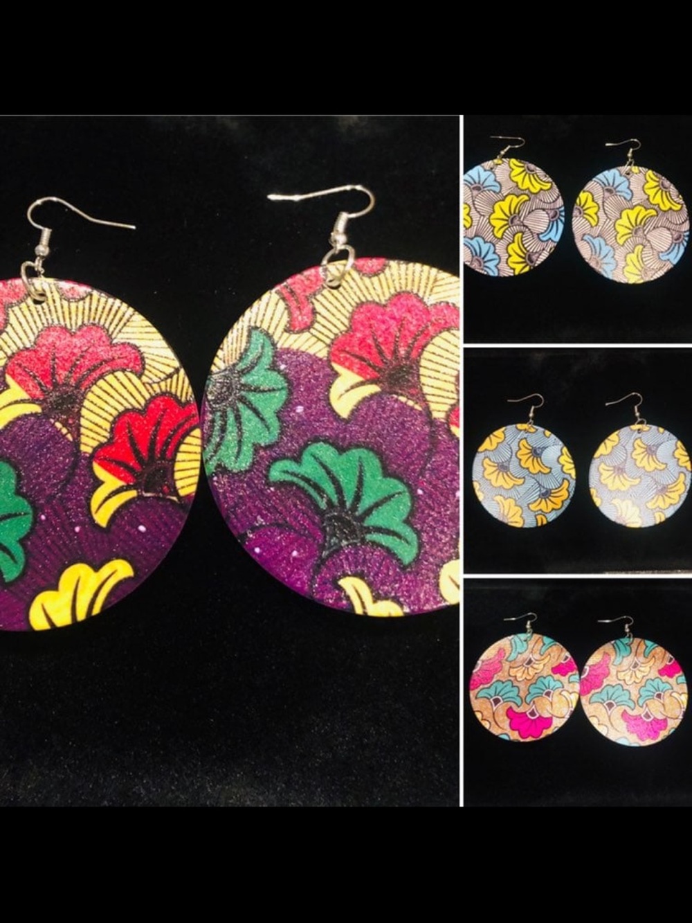 Vibrant Floral Round Drop Earrings in Purple, Green & Yellow